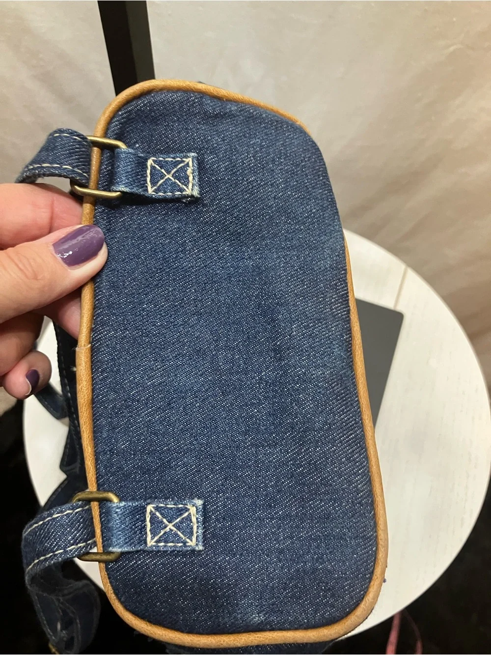 Denim Backpack with Tan Leather Accents - Casual Women's Daypack